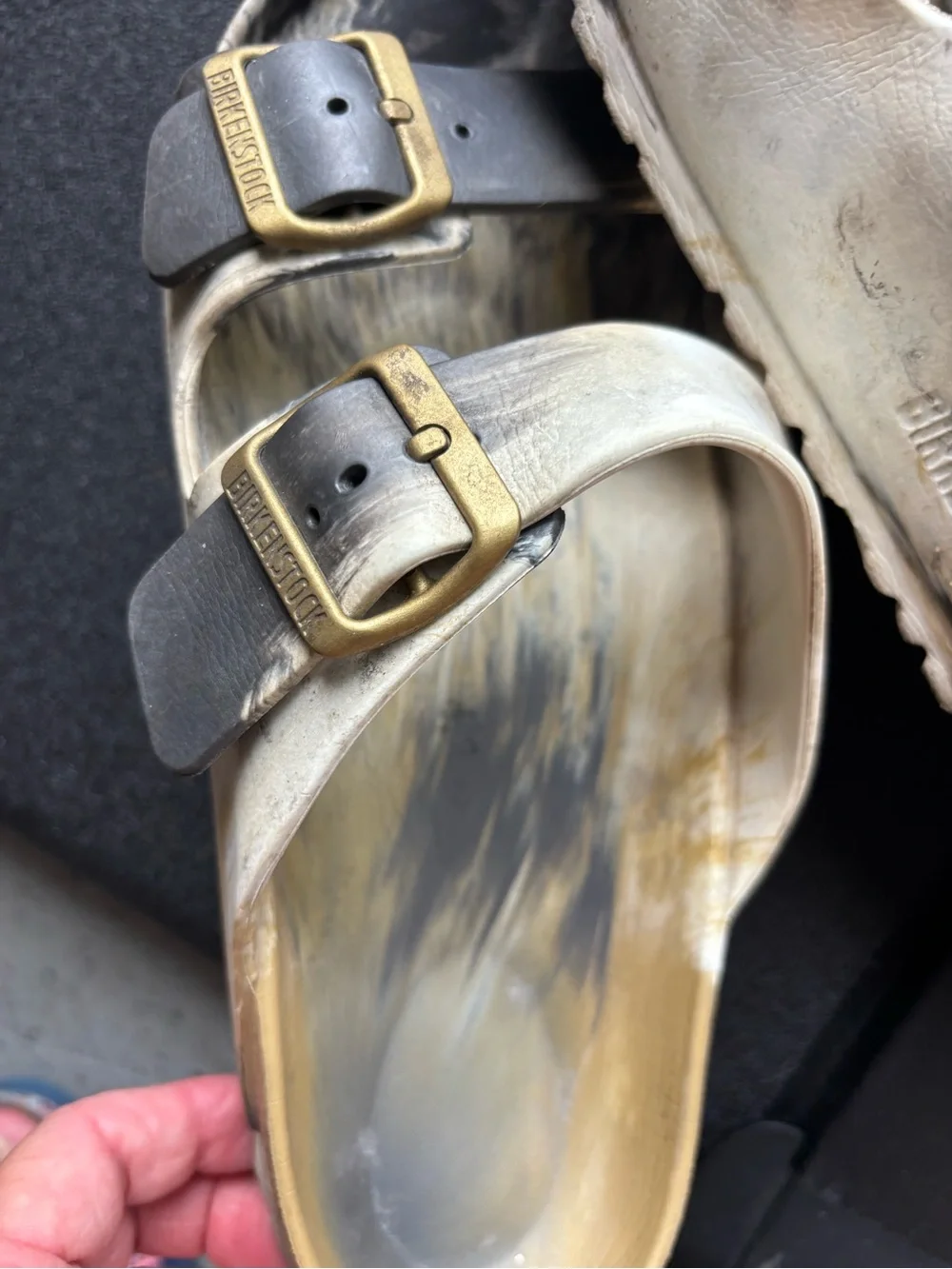 Birkenstock Two-Strap Sandals in Black and Tan with Gold Buckles